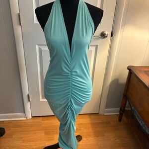 Elegant Aqua Halter Maxi Dress